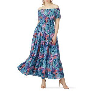 City Chic Aqua Blue Floral Maxi Dress with Smocked Bodice Plus Size 18